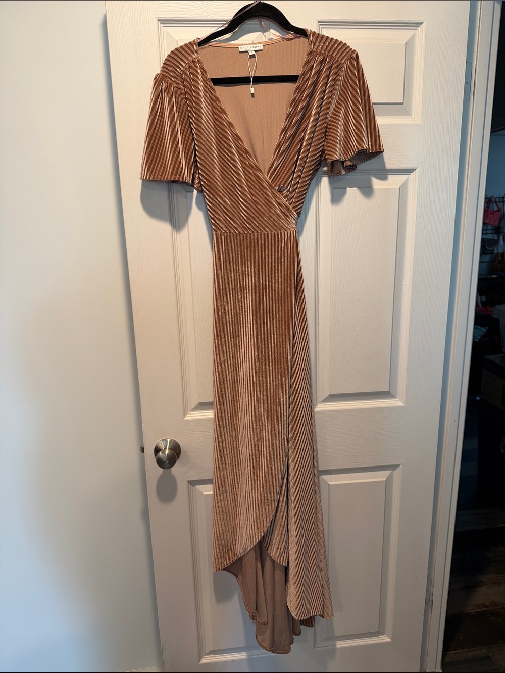 Baltic Born Velvet Wrap High-Low Dress in Camel Brown